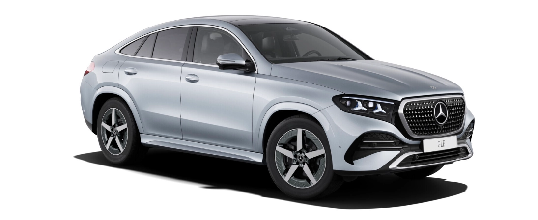 Mercedes GLE Coupé argento vista di tre quarti anteriore, con mascherina diamantata e cerchi AMG da 20 pollici