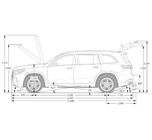 Disegno quotato della Mercedes GLS vista laterale con lunghezza 5.223 mm e passo 3.135 mm