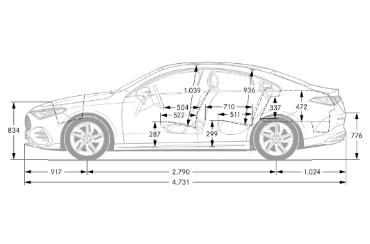Nuova Mercedes CLA Coupé 2025 dimensioni schema tecnico misure laterali