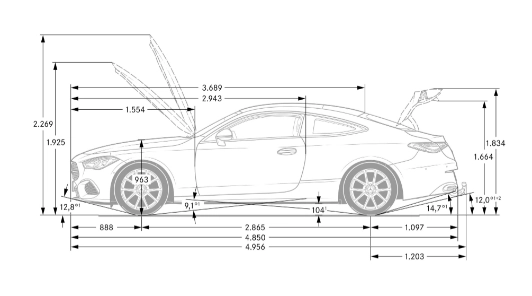 mercedes cle coupé dimensioni schema tecnico vista laterale lunghezza 4850 mm passo 2865 mm