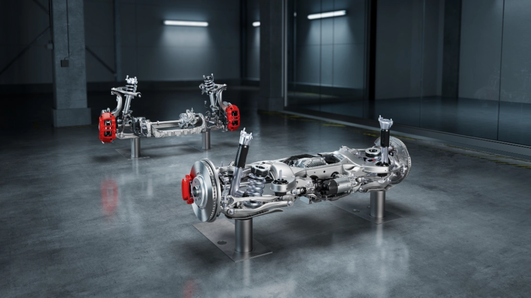 Telaio Mercedes-AMG GLC 53 assali anteriore e posteriore con sospensioni AMG e pinze freno rosse