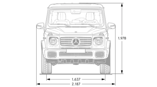 Disegno quotato della Mercedes Classe G vista frontale, altezza 1.978 mm e larghezza 2.187 mm