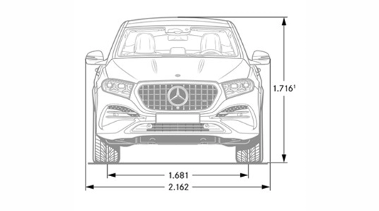 Disegno quotato di Mercedes GLE Coupé visto di fronte, con altezza e larghezza in millimetri
