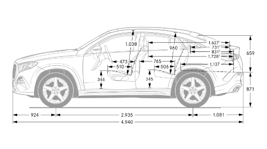Disegno quotato di Mercedes GLE Coupé visto di lato, con lunghezza e passo in millimetri