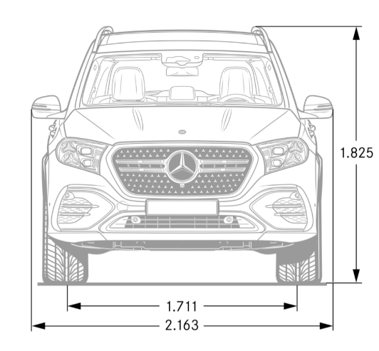 Disegno quotato della Mercedes GLS vista frontale con altezza 1.825 mm e larghezza 2.163 mm