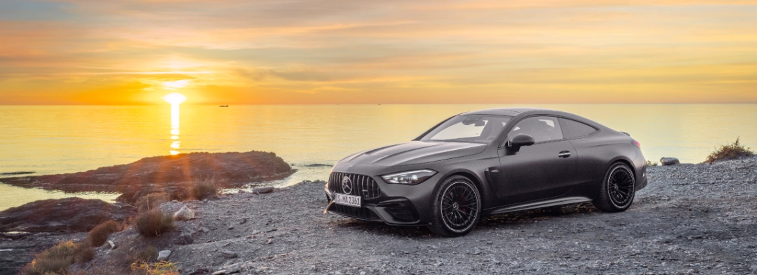mercedes amg cle 53 4matic coupé nero opaco calandra panamericana cerchi neri tramonto mare