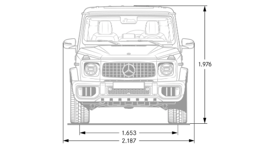 Disegno quotato della Mercedes-AMG G 63 vista frontale, altezza 1.976 mm e larghezza 2.187 mm